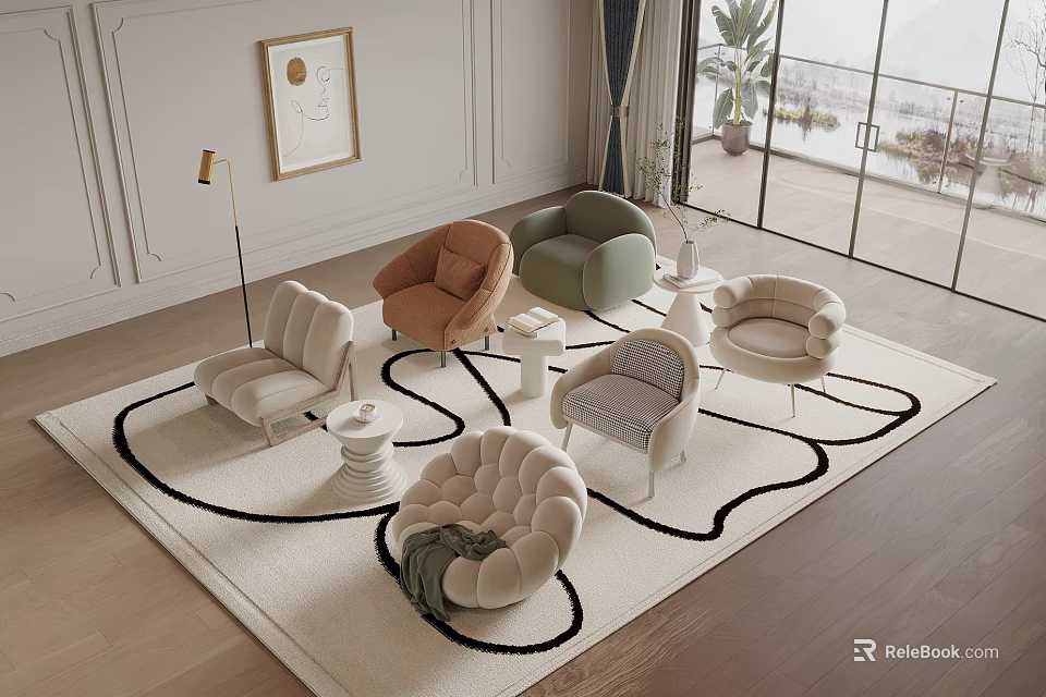 Modern Living Room With Multiple Single Sofas In Various Colors And Elegant Decorative Elements 3d model