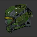 Futuristic Green Armored Helmet With Weathered Surface And Yellow Stripe Design