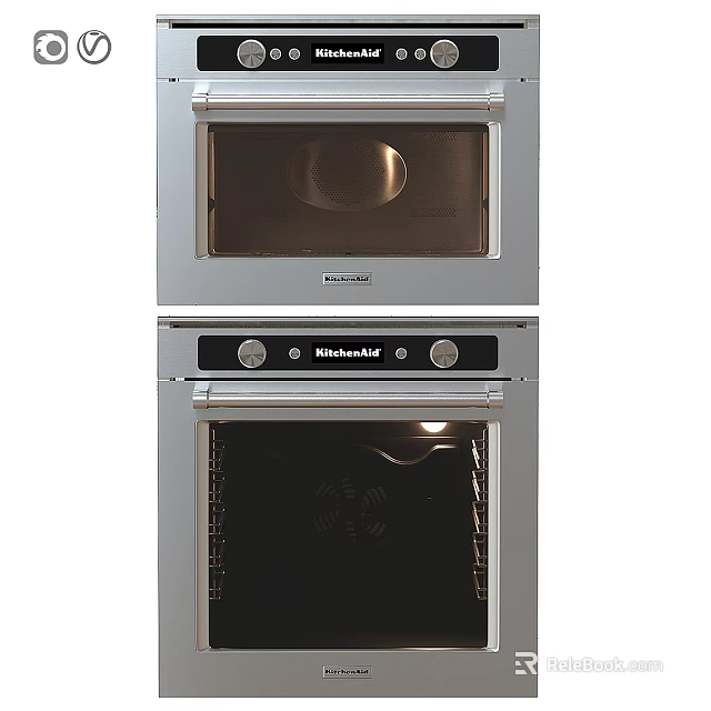 Two KitchenAid Silver Kitchen Ovens With Black Control Panel And Knob Controls 3d model 