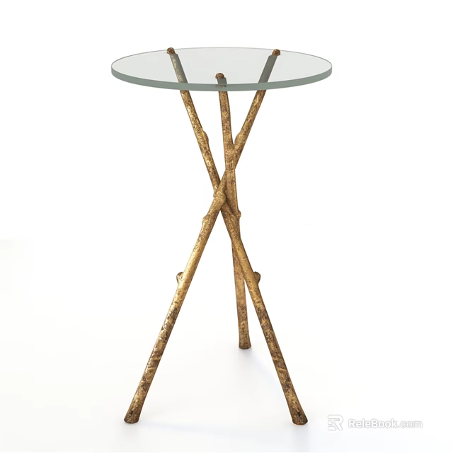 Stylish Dining Table With Glass Top And Crossed Golden Branch Legs 3d model 
