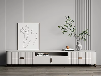 Modern White TV Stand Interior With Decorative Painting Books Vase And Green Plant 3d model
