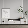 Modern White TV Stand Interior With Decorative Painting Books Vase And Green Plant