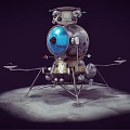 Vintage Lunar Lander Spacecraft With Blue Dome And Metal Legs On Gray Ground