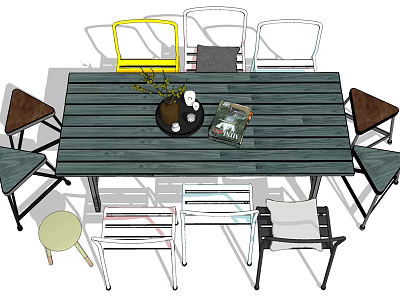 Wooden Dining Table Set With Mixed Chairs Decorative Vase And Magazine 3d model