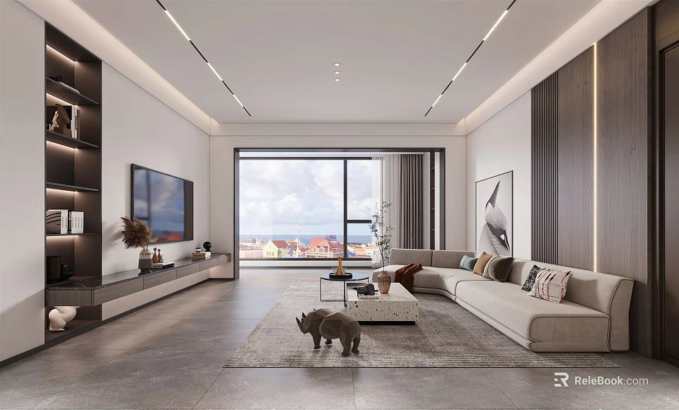 Modern Open Living Dining Area With Large Windows And Comfortable Sofa 3d model 