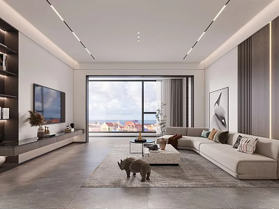 Modern Open Living Dining Area With Large Windows And Comfortable Sofa 3d model