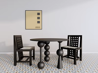 Black Lattice Leisure Chairs With Round Table Geometric Floor And Wall Art 3d model