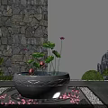 Courtyard Garden Featuring Stone Basin With Lotus Flowers Green Plants Stone Wall Pebbles And Petals