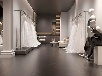 Elegant Modern Clothing Store Interior With White Dresses Mannequins Sofa And Columns 3d model