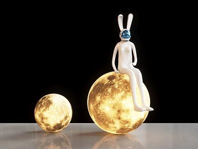 Decorative Moon Shaped Floor Lamp With Rabbit Figure And Illuminated Smaller Globe 3d model