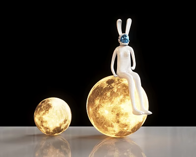 Decorative Moon Shaped Floor Lamp With Rabbit Figure And Illuminated Smaller Globe 3d model