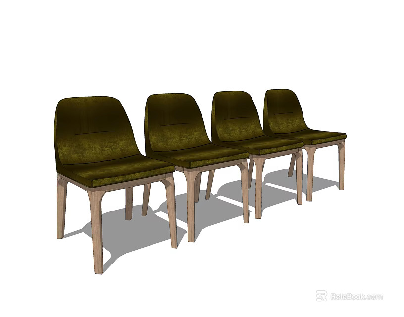 Stylish Four Green Velvet Dining Chairs With Wooden Legs And Modern Design 3d model 