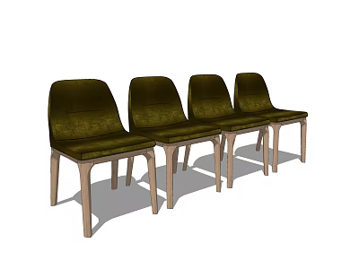 Stylish Four Green Velvet Dining Chairs With Wooden Legs And Modern Design 3d model