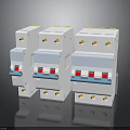 Three White Circuit Breakers In A Row With Blue Switches And Red Indicators 3d model