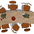 Dining Table Set with Wooden Tabletop Six Chairs and Potted Plants on Tabletop Decor