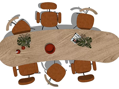 Dining Table Set with Wooden Tabletop Six Chairs and Potted Plants on Tabletop Decor 3d model