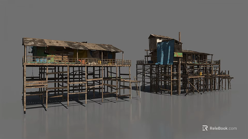 Traditional Ancient Stilted Buildings With Wooden Frames And Thatched Roofs Over Water 3d model 