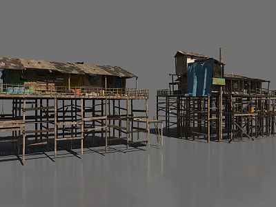 Traditional Ancient Stilted Buildings With Wooden Frames And Thatched Roofs Over Water 3d model