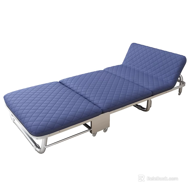 Blue Quilted Mattress Folding Bed With Metal Frame And Rolling Wheels 3d model 