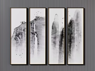 Chinese Ink Paintings Four Panel Wall Art With Mountain Landscape Waterfall And Flying Birds 3d model