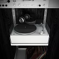 Vintage White Audio System with Headphones on Shelf and Vinyl Records