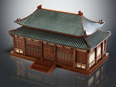 Detailed Traditional Chinese Ancient Architecture Model with Green Tile Roof and Wooden Carvings 3d model