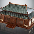 Detailed Traditional Chinese Ancient Architecture Model with Green Tile Roof and Wooden Carvings