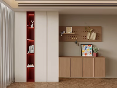 Modern Wooden Shoe Cabinet with Storage Shelves and Decorative Pegboard in Home Entryway 3d model