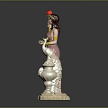 Man Statue Holding Red Torch With Ornate Headpiece Pink Robe And White Tower Base Hestia