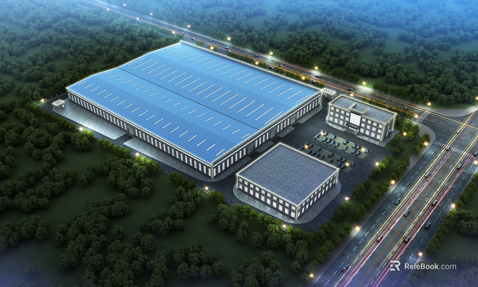 Large Industrial Plant With Blue Roof Surrounded By Greenery Office Building And Parking Lot 3d model 