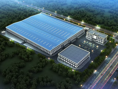 Large Industrial Plant With Blue Roof Surrounded By Greenery Office Building And Parking Lot 3d model