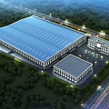 Large Industrial Plant With Blue Roof Surrounded By Greenery Office Building And Parking Lot