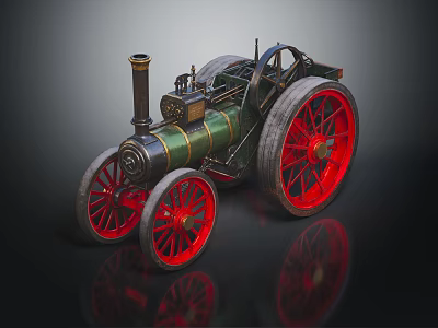 Vintage Steam Tractor With Green Black Body And Large Red Wheels 3d model