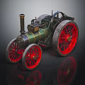 Vintage Steam Tractor With Green Black Body And Large Red Wheels