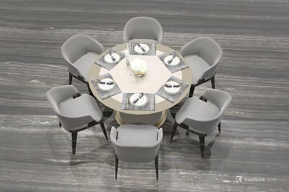 Modern Round Dining Table and Chair Set with Six Gray Chairs Tableware and Vase 3d model