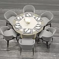 Modern Round Dining Table and Chair Set with Six Gray Chairs Tableware and Vase 3d model