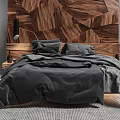Modern Bedroom Interior With Double Bed Geometric Wooden Headboard Black Bed Sheets And Pillows