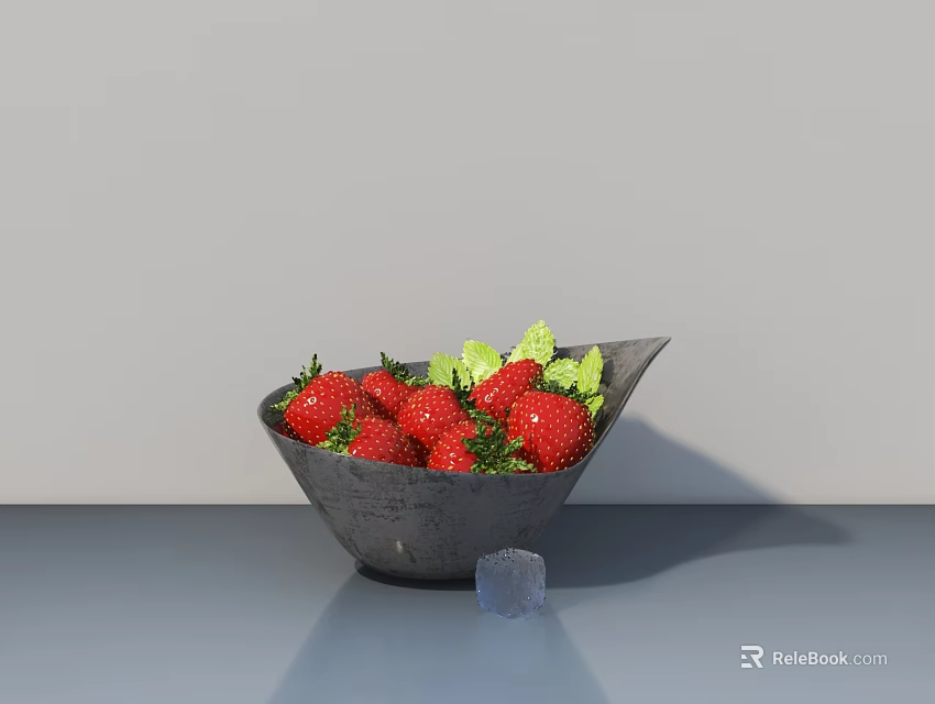 Ceramic Bowl with Fresh Strawberries and Green Leaves on Modern Table Surface 3d model 