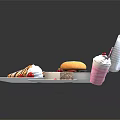 Assorted Food Including Burger Croissant Cake Pink Milkshake Open Takeout Container And Plates With Berries
