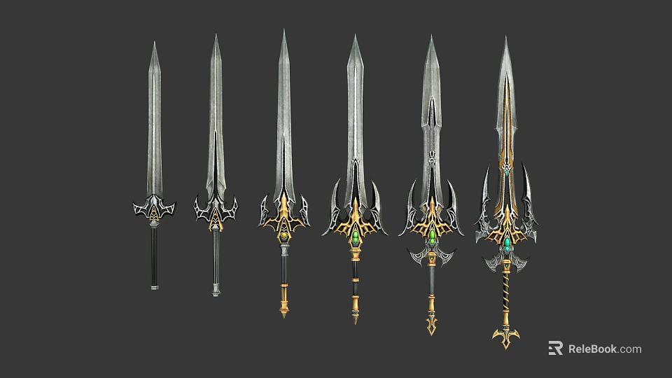 Variety of Decorative Swords with Metallic Finishes and Gemstone Accents 3d model 