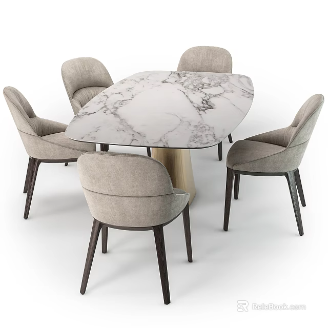Modern Dining Table Set with Oval Marble Top and Light Gray Upholstered Chairs 3d model 