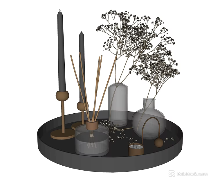 Modern Decorative Ornament Set with Candles Reed Diffusers and Clear Glass Vases on Black Tray 3d model 