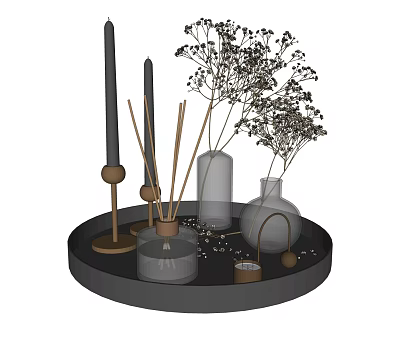 Modern Decorative Ornament Set with Candles Reed Diffusers and Clear Glass Vases on Black Tray 3d model