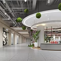 Modern Mall Lobby Interior With Wooden Ceiling And Potted Plants