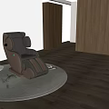 Home Theater Space With Brown Massage Chair White Blinds And Round Rug