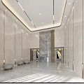 Modern Elevator Lobby Interior With Marble Walls Ceiling Strip Lights Decorative Feature And Polished Flooring