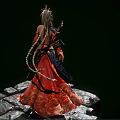 Woman with white hair and headdress wearing red outfit holding weapon standing on stone