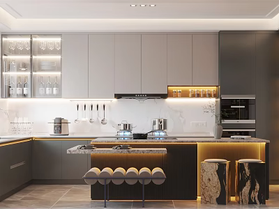Modern Kitchen Interior Design With Gray Dark Cabinets Glass Cabinets And Island Stools 3d model