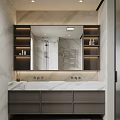 Modern Bathroom Interior With Marble Walls Wall-Mounted Toilet Metal Towel Rack And Walk-In Shower Fixtures