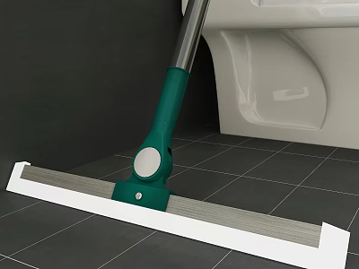 Household Cleaning Mop With Green Handle And White Mop Head On Tile Floor 3d model